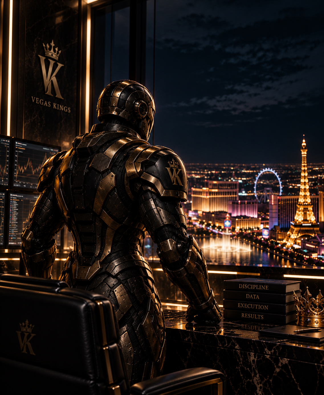 Black and gold figure at a Las Vegas office desk