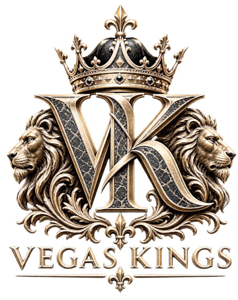 Vegas Kings crown, VK monogram, and lion crest